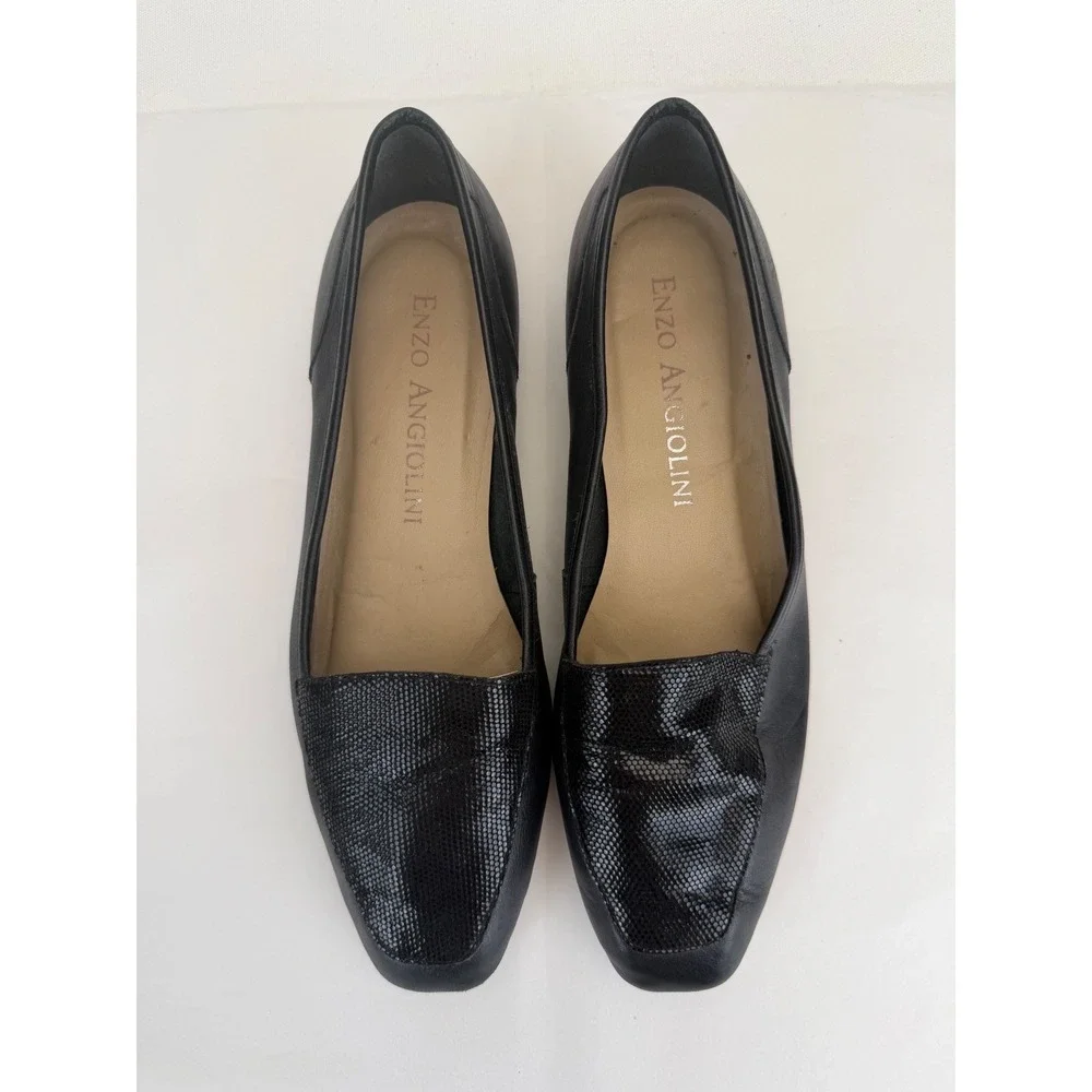 Enzo Angiolini Liberty Leather Loafers Women 9 Black Sparkle Square Toe